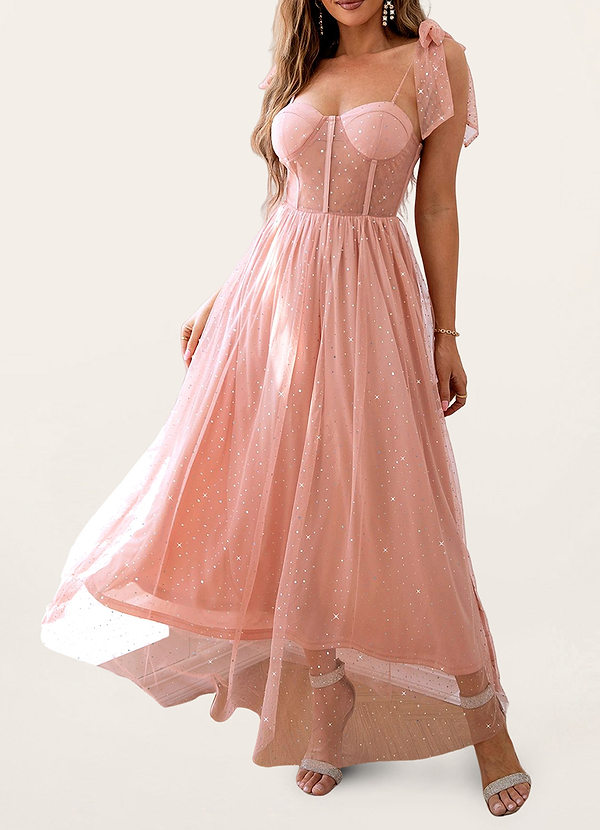 front Adoring Love Pink Sparky Tulle Bustier Sleeveless Maxi Dress