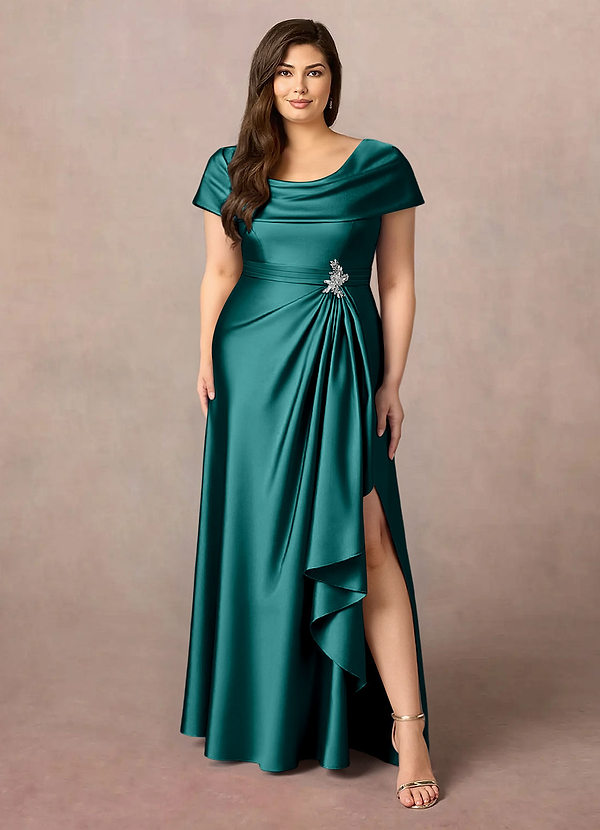 Azazie Branford Mother of the Brides Dresses Peacock A-Line Pleated Stretch Satin Dress image1