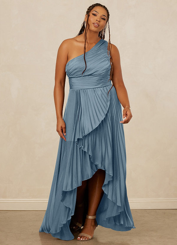 Christian Siriano Bridal for Azazie 1008 Bridesmaid Dresses Dusty Blue A-Line One Shoulder Stretch Satin Dress image1