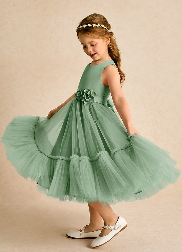 Azazie Miracle Blumenkinder Kleider A-Linie Schleifen Matte Satin Kleid Matcha image1