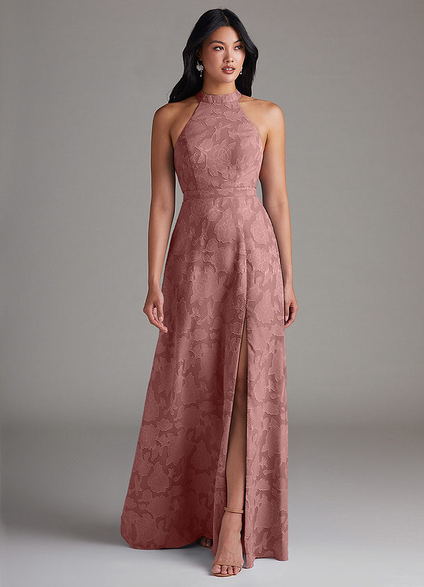 Azazie Clarice Robes Demoiselle d'honneur Robe Trapèze en Blumen-Burnout Fente Latérale Rose Poussiéreuse image1