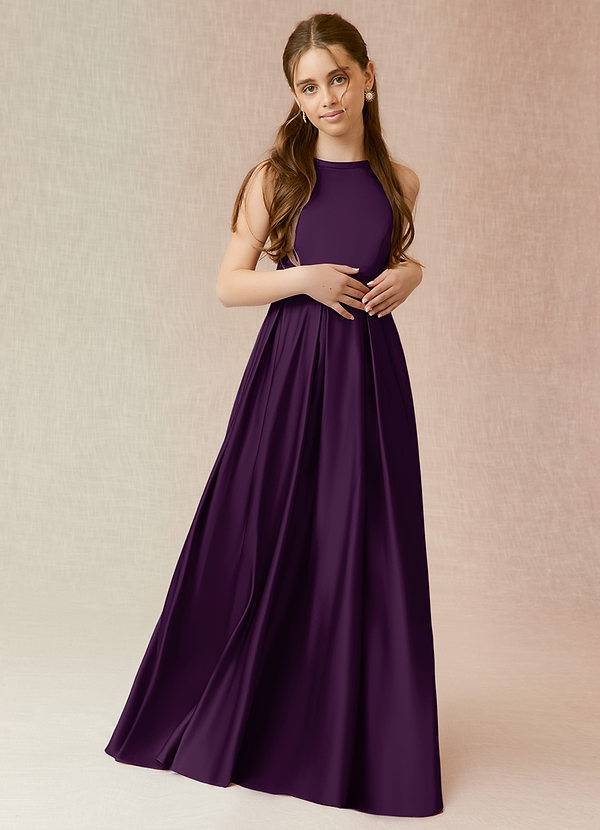 Azazie Arianthe Junior Vestido de Uva de Satén Elástico de Corte En A con Con bolsillos image1