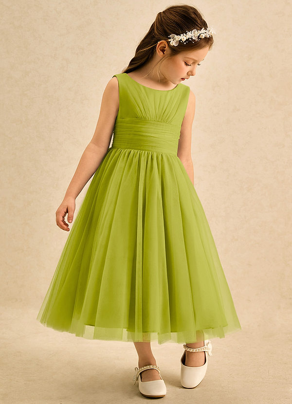Azazie Macaron Flower Girl Dresses Lemongrass A-Line Pleated Tulle Dress image1