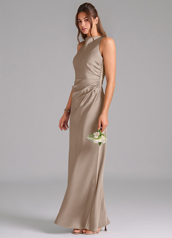Azazie Evadne Bridesmaid Dresses Taupe Sheath Pleated Stretch Satin Dress image1