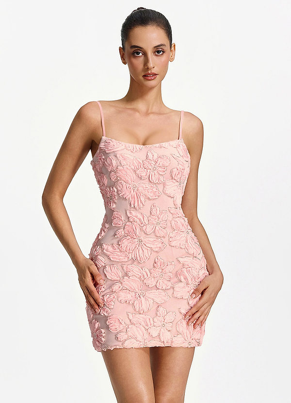 Violettaire Roze Mini-jurk van stretch mesh met 3D-bloemen, kralen, strasssteentjes en paillettenborduursel image1