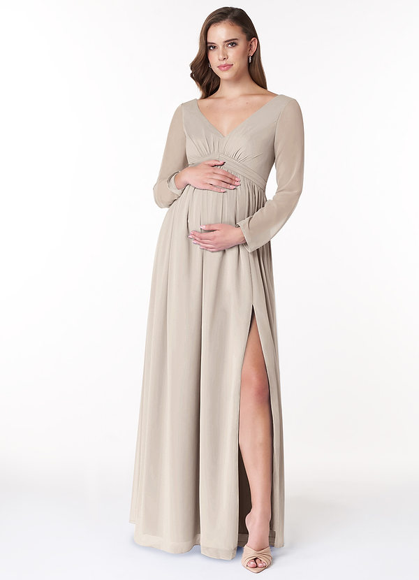 Azazie Teton Maternity Bridesmaid Dresses A-Line Long Sleeve Chiffon Floor-Length Dress image1
