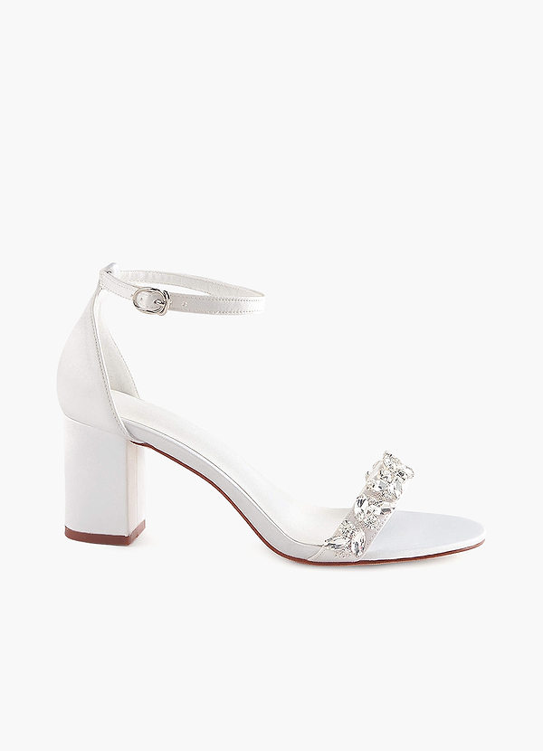 front Crystal Strap Satin Block Heel Sandals