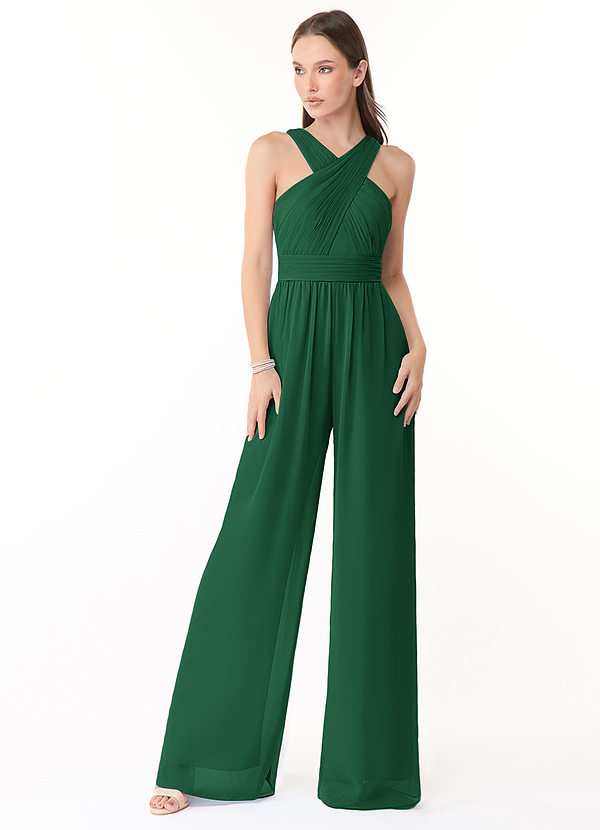 Azazie Berdie Bridesmaid Dresses Dark Green Halter Chiffon Jumpsuit image1