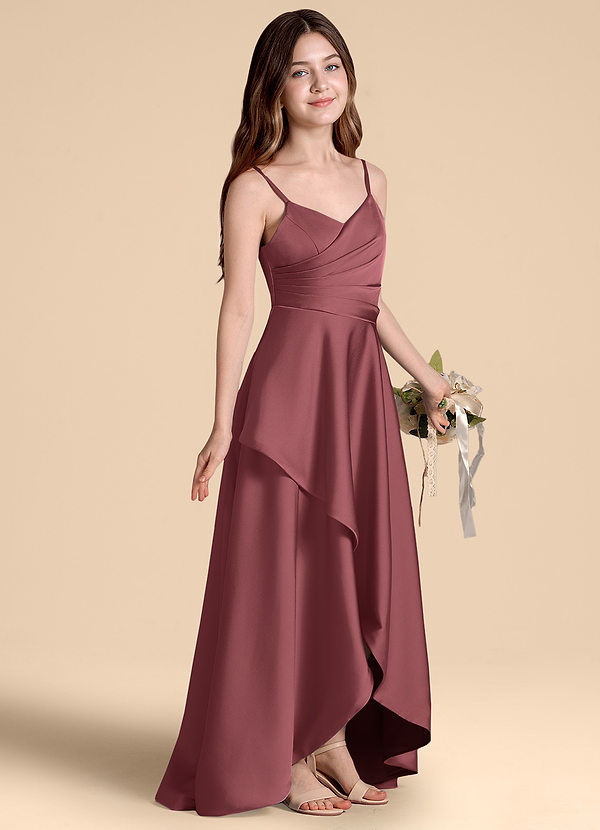 Azazie Prisha Junior Abito A-Line in Raso Elasticizzato Plissettato Merlot image1