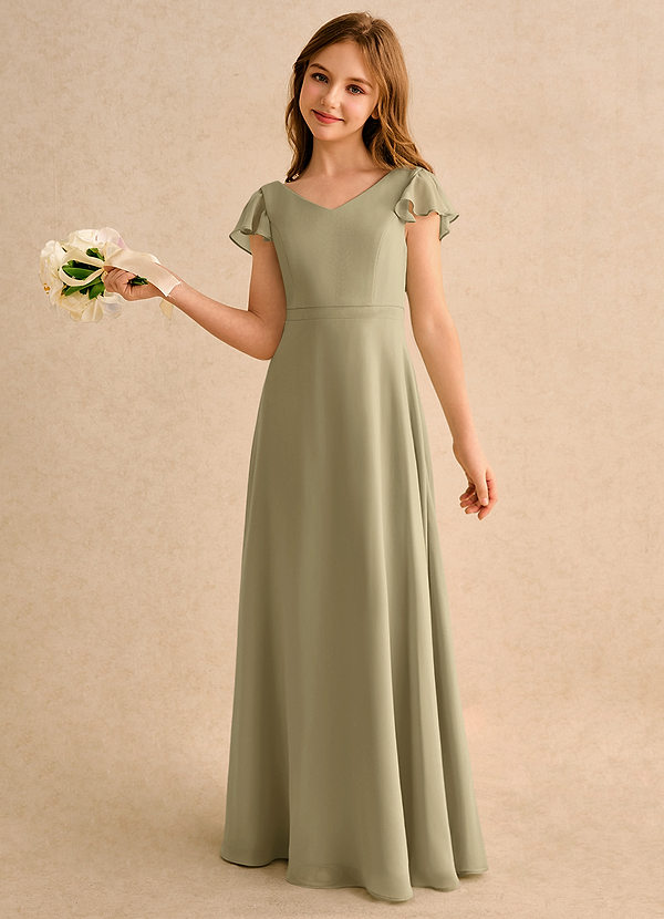 Azazie Nari Girls Formal Flower Girl Dresses Moss Green A-Line with Sleeves Chiffon Dress image1