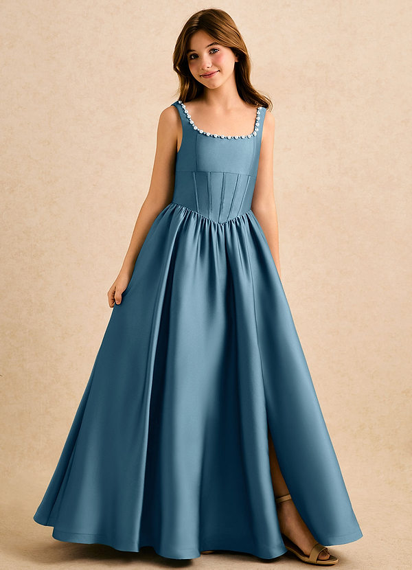 Azazie Enid Girls Formal Blomsterpigekjoler A-Line Perlebesat Stræk satin Gulv-længde Kjole image1