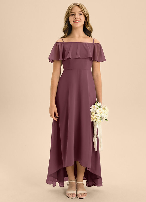Azazie Maggie Junior A-Linie Schulterfrei Chiffon Kleid Sangria image1