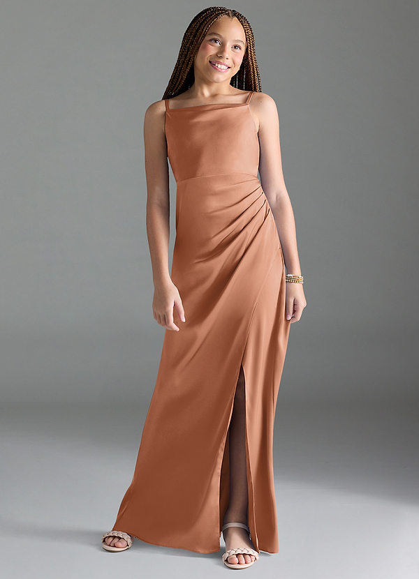 Azazie Leonis Junior Bronzer A-Line Pleated Stretch Satin Dress image1
