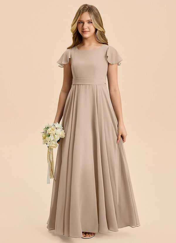 Azazie Cady Junior Abito A-Line in Chiffon Plissettato Taupe image1