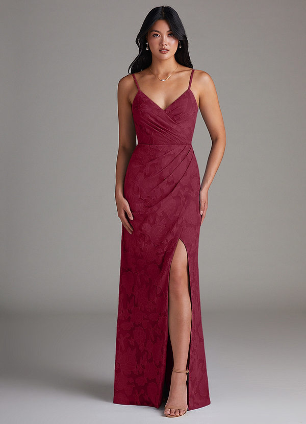 Azazie Maci Bridesmaid Dresses Burgundy Sheath Pleated Floral Burnout Dress image1