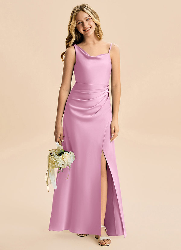 Azazie Abby Junior Robe Fourreau en Satin extensible Plissé Rose Bonbon image1