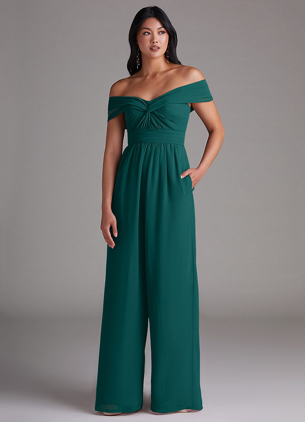 Azazie Lamara Robes Demoiselle d'honneur Combinaison Convertible en Mousseline de soie Épaule décolletée Paon image1