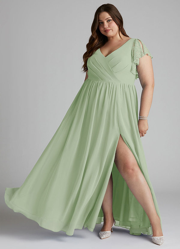 Azazie Zella Robes Demoiselle d'honneur Robe Trapèze en Mousseline de soie Dentelle Vert Sauge image1