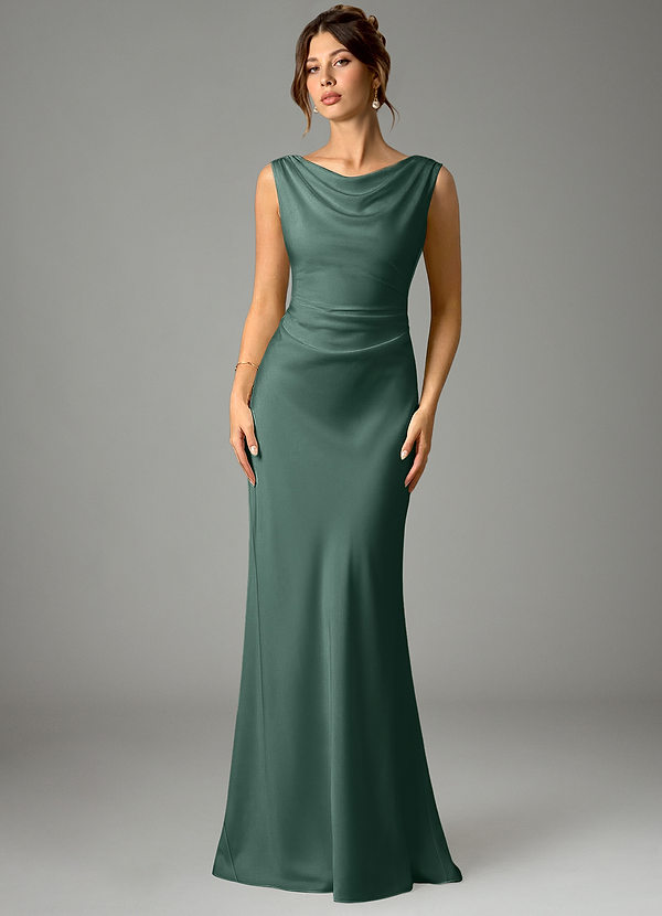 Azazie Kieryn Bridesmaid Dresses Eucalyptus Mermaid Pleated Stretch Satin Dress image1