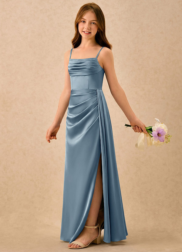 Azazie Shyla Girls Formal Bloemenmeisjesjurken Kolom Jurk van Stretch Satijn Geplooide Stoffig Blauw image1