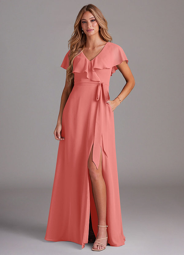 Azazie Lainey Bridesmaid Dresses Coral A-Line with Pockets Chiffon Dress image1