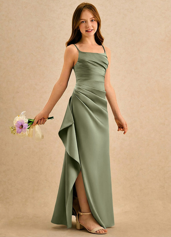 Azazie Cannoli Girls Formal Sukienki dla dziewczynek sypiących kwiaty Linia A Pofałdowany Matowy satynowy Długość podłogi Sukienka image1