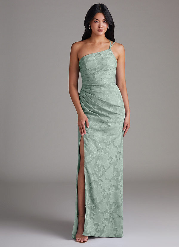 Azazie Eren Bruidsmeisjesjurken Jurk van Bloemen Burn-out met Kolom One-shoulder Agave image1