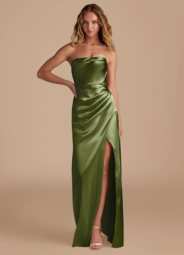 Azazie Leonis Bridesmaid Dresses Olive Mermaid Pleated Metallic Satin Convertible Dress image1