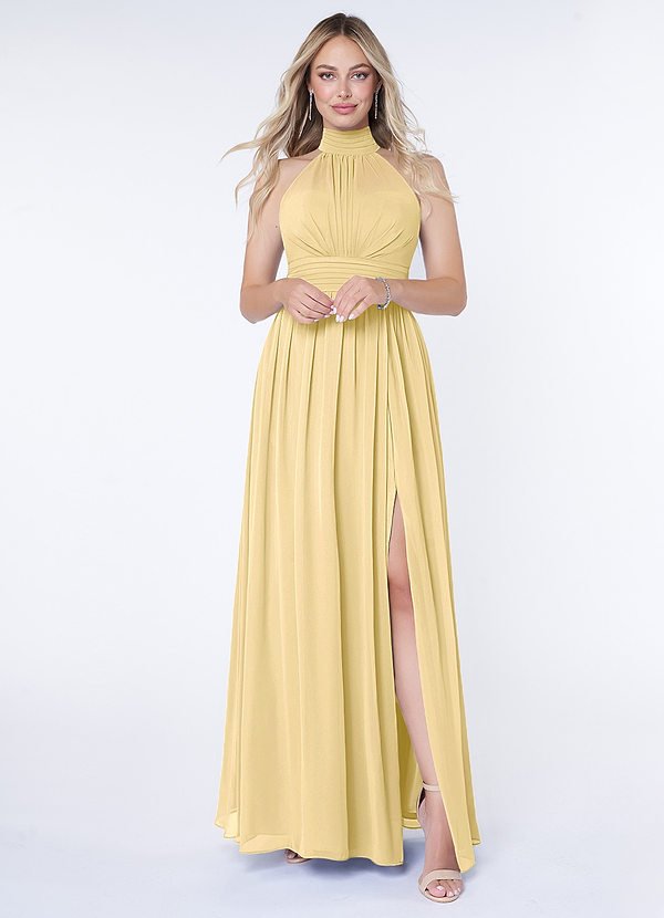 Azazie Iman Robes de demoiselle d'honneur Robe Trapèze en Mousseline de soie Ligne A froncée Beurre image1