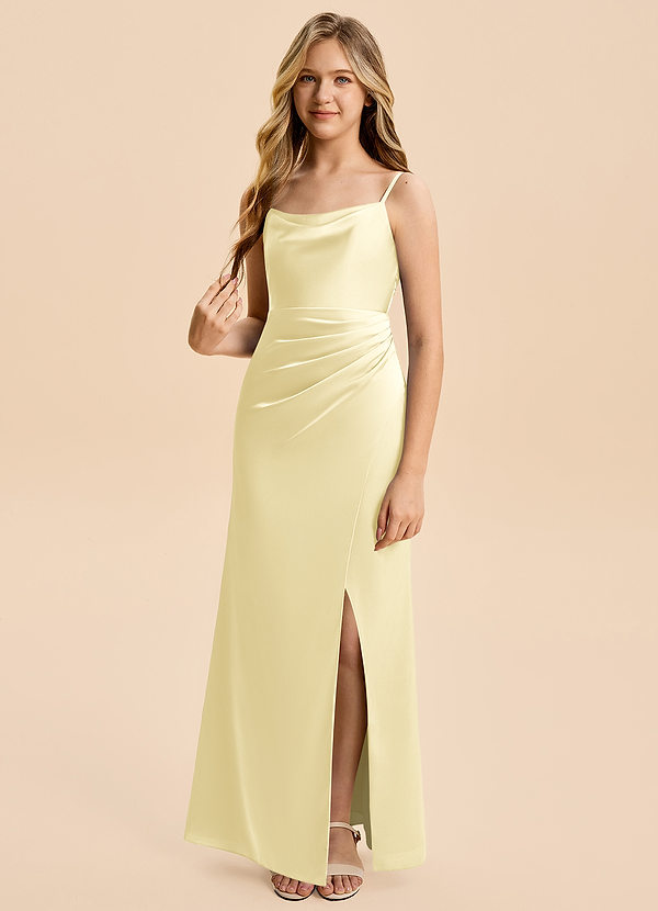 Azazie Christen Junior Vestido de Sorbete De Limón de Satén Elástico de Corte en A con Plisado image1