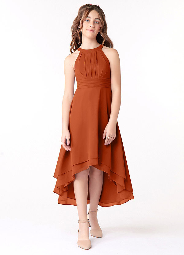 Azazie Linna Junior Vestido de Naranja Quemada de Gasa de Corte En A con Plisado image1