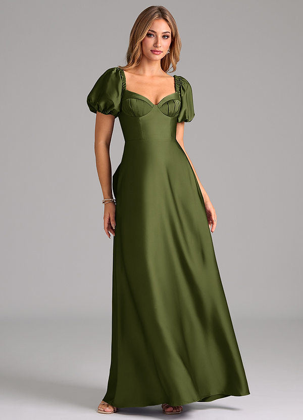 Azazie Fatima Bridesmaid Dresses Olive A-Line Pleated Stretch Satin Dress image1
