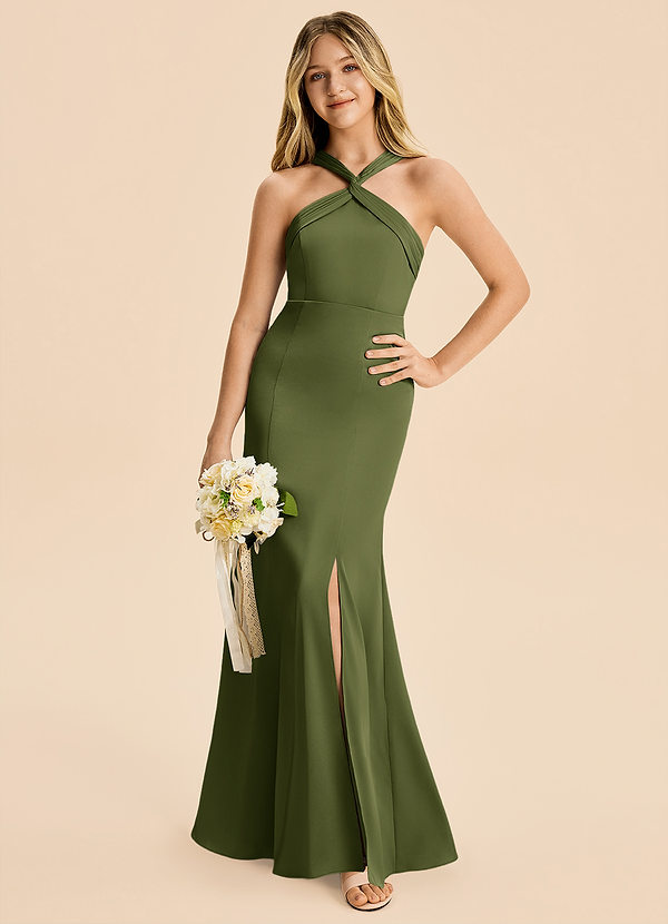 Rue Junior Olive Mermaid Pleated Stretch Satin Dress image1