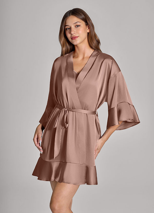 front Matching Color 2-Piece Ruffle Satin Robe and Slip Set