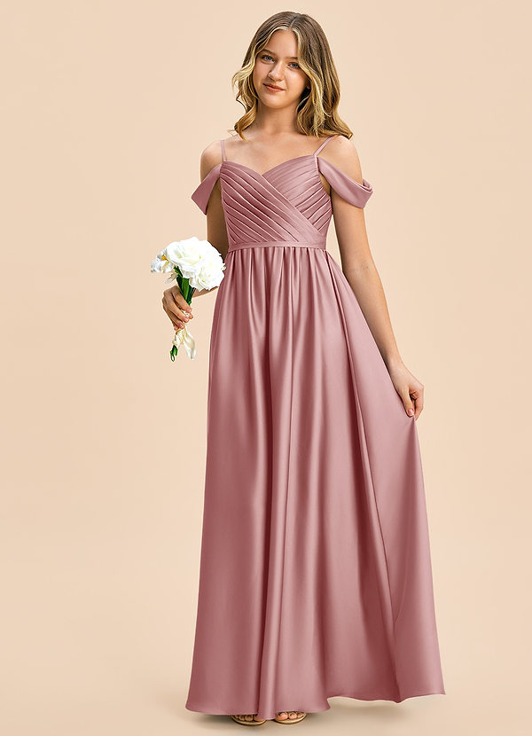 Azazie Rayne Junior Vestido Rosa Polvorienta de Satén Elástico de Corte en A con Escote corazón image1