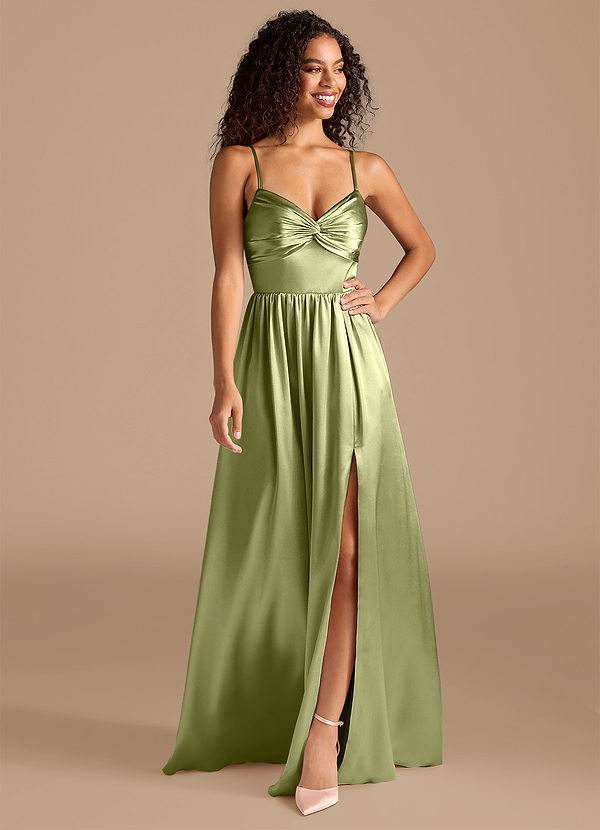 Azazie Zeya Brautjungfernkleider A-Linie Plissee Metallischer Satin Kleid Pistazie image1