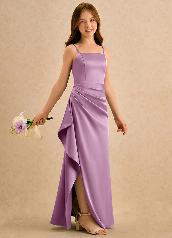 Azazie Cannoli Girls Formal Sukienki dla dziewczynek sypiących kwiaty Linia A Pofałdowany Satyna elastyczna Długość podłogi Sukienka image1