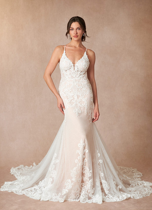 Azazie Selene Vestidos de Novia Vestido de Blanco Diamante Nude de Encaje de Corte Sirena con Cuello en V image1