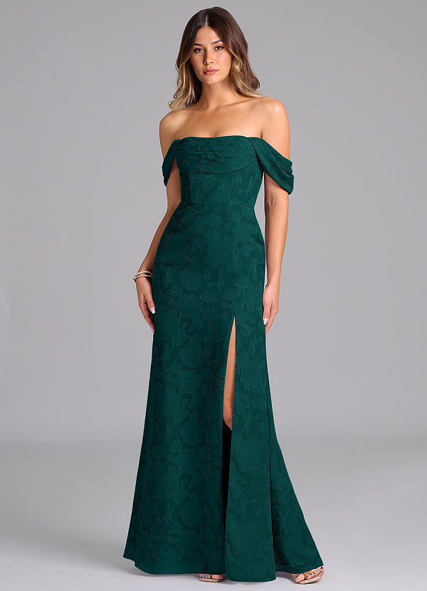 Azazie Saige Bridesmaid Dresses Pine A-Line Off the Shoulder Floral Burnout Convertible Dress image1