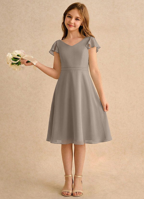 Azazie Narin Girls Formal Vestidos de Niña de Flores Vestido de Gris Pardo de Gasa de Corte en A con Con mangas image1