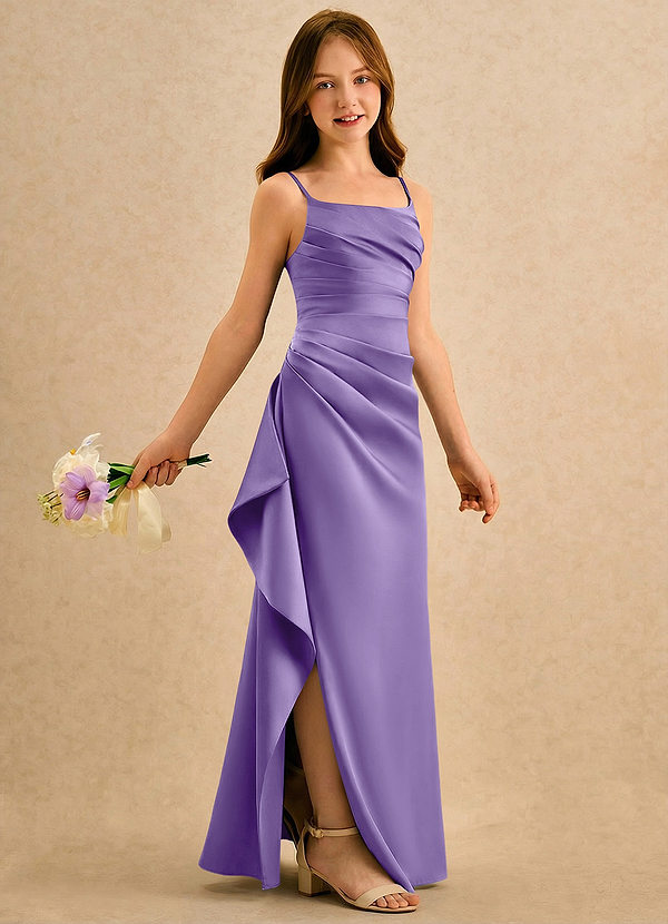 Azazie Cannoli Girls Formal Sukienki dla dziewczynek sypiących kwiaty Linia A Pofałdowany Matowy satynowy Długość podłogi Sukienka image1