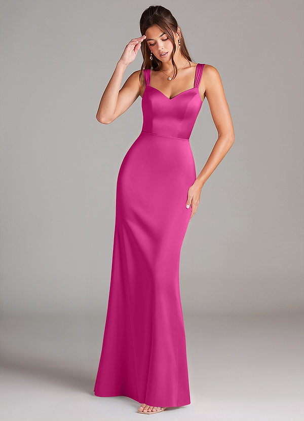 Azazie Denice Bridesmaid Dresses Fuchsia Sheath Pleated Stretch Satin Dress image1