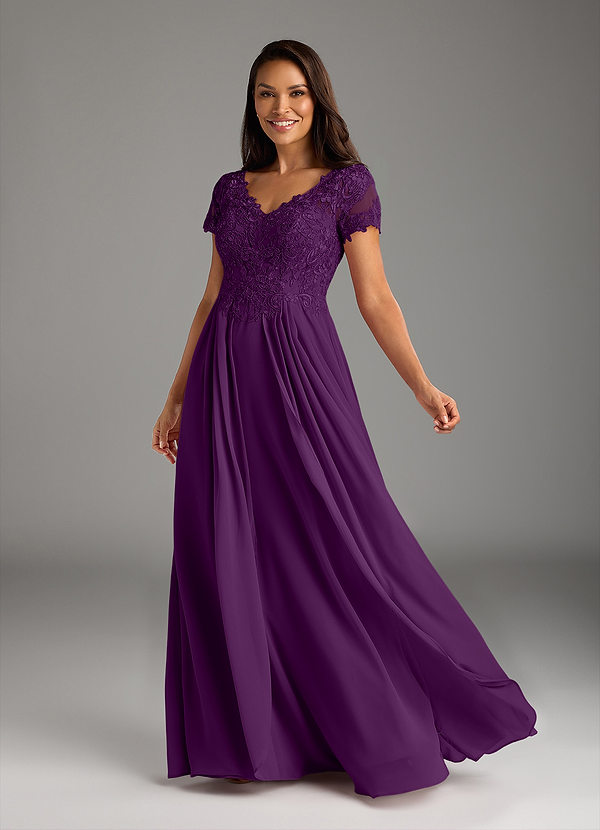 Azazie Dunja Brautmutterkleider A-Linie V-Hals Spitze Chiffon Kleid Traube image1