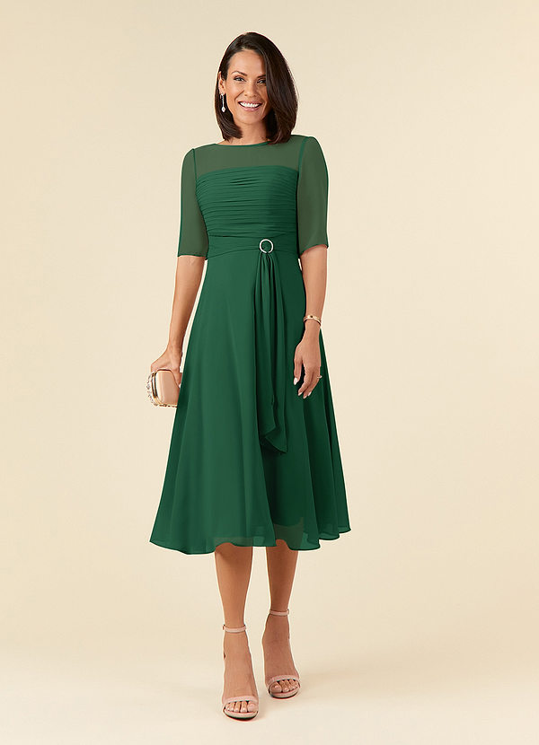 Azazie Naomi Mother of the Brides Dresses Dark Green A-Line Boatneck Pleated Chiffon Dress image1