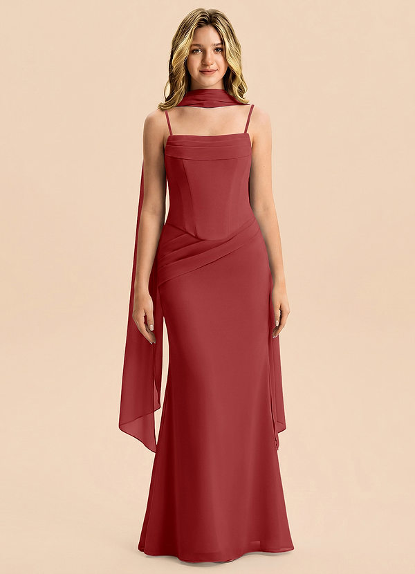 Azazie Sorrel Junior Rust Mermaid Pleated Chiffon Dress image1
