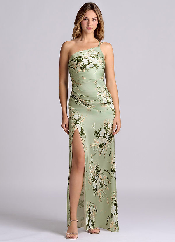 Azazie Eren Vestidos Dama de Honor Vestido de Enredaderas Florales de Satén Elástico de Corte Sirena con Hombro unilateral image1