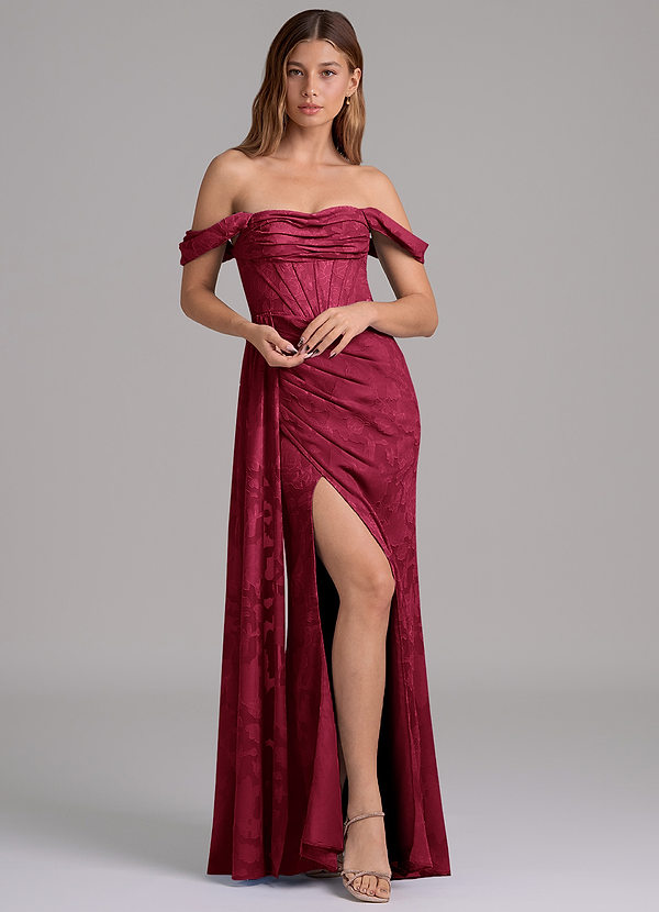 Azazie Amyra 신부 들러리 드레스 인어 오프 더 숄더 플로럴 번아웃 바닥 길이 드레스 image1