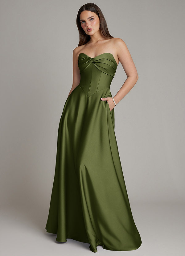Azazie Meleena Bridesmaid Dresses Olive A-Line Strapless Stretch Satin Dress image1