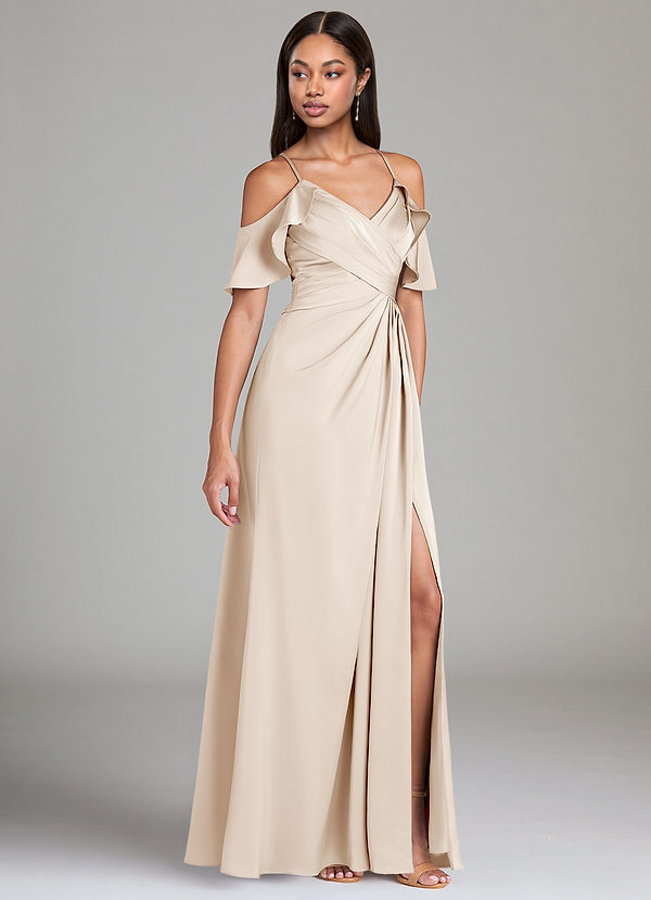 Azazie Dakota Bridesmaid Dresses White Alabaster A-Line Off the Shoulder Stretch Satin Dress image1