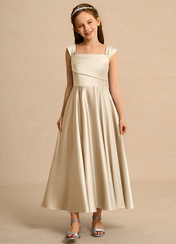 Azazie Bundle Girls Formal Flower Girl Dresses Champagne A-Line Pleated Matte Satin Dress image1